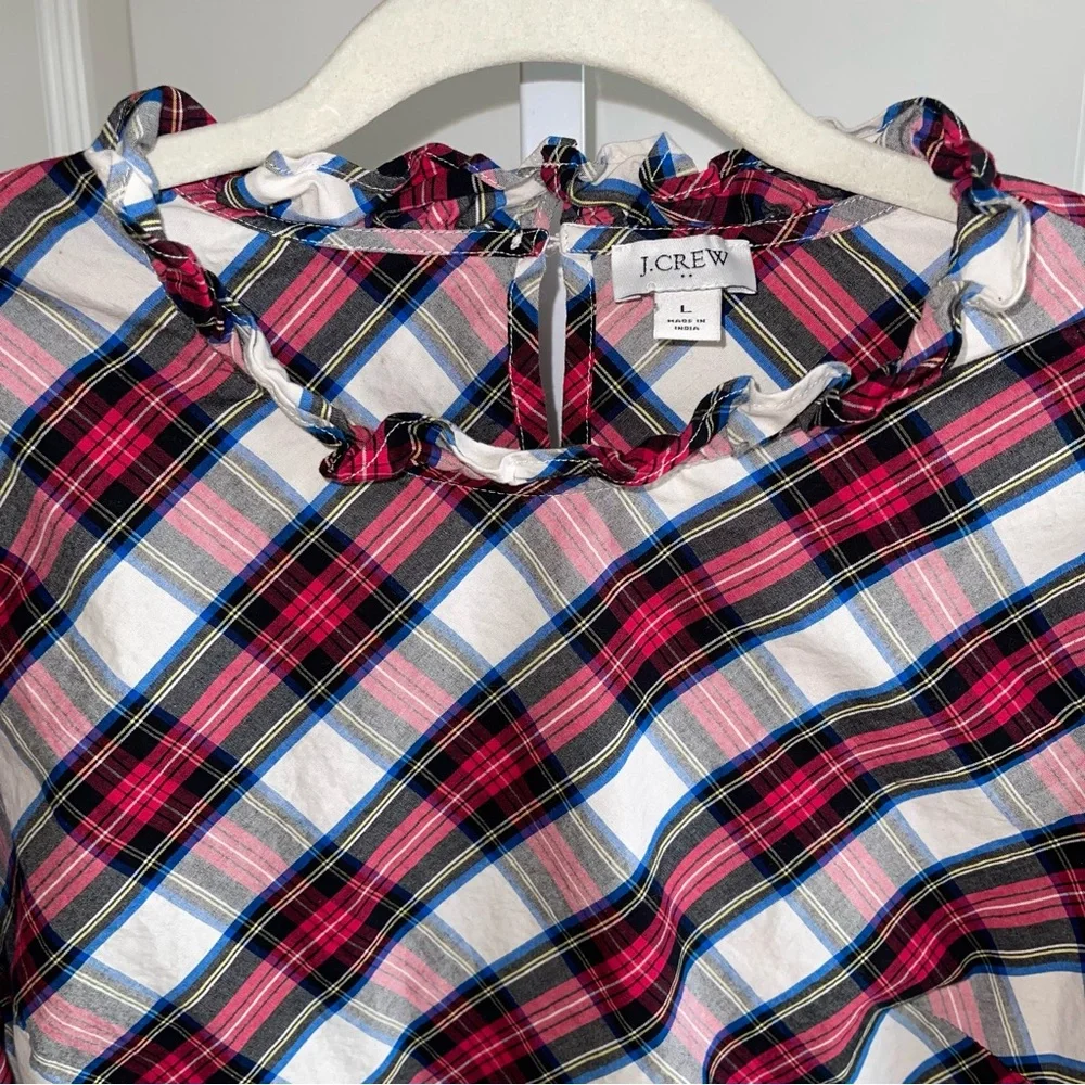 J.Crew Plaid Ruffle Neck Blouse Size L Red Blue White Cotton Long Sleeve Top